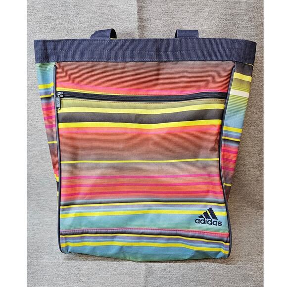 NWOT Adidas Colorful Stripe Tote Beach Bag Top Zip Neon - Picture 1 of 8